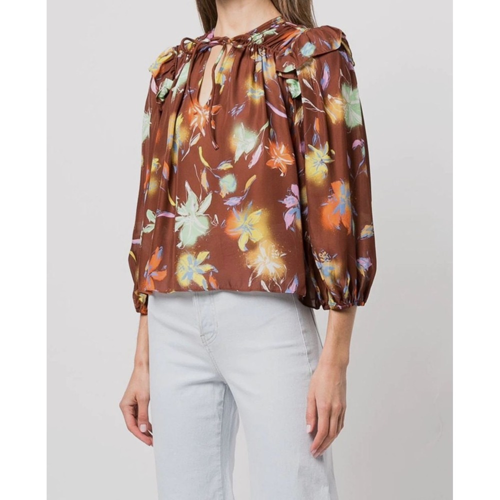 Tanya Taylor Delaney Top Large Lily Haze Cinnamon Brown Multicolor Silk Designer